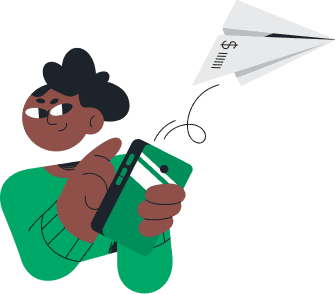 Ilustração de uma empreendedora segurando o celular na mão e compartilhando um link de pagamento sendo representado por um avião de papel
