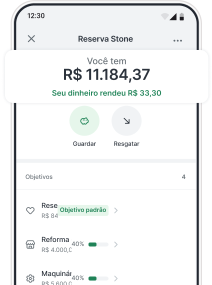 Celular com aplicativo da Stone aberto na aba "Reserva Stone" mostrando o saldo que o usuário possui "R$11.184,37" e o quanto rendeu. E mais abaixo os objetivos que o usuário definiu para a reserva Stone.