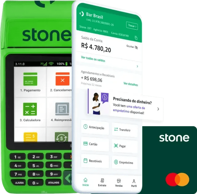 Na imagem constam uma Máquina de Cartão Stone, um celular na página inicial do app da Stone