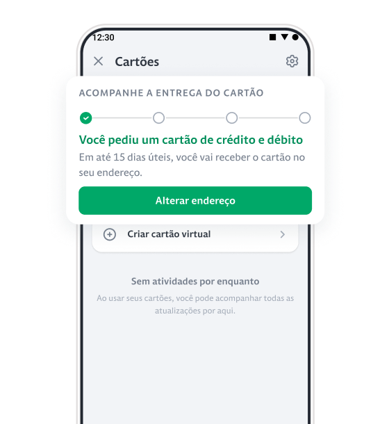 Imagem ilustrando um celular com o aplicativo da Stone na aba de Cartões destacando o "Acompanhe a entrega do Cartão" e um botão em verde de "Alterar endereço".