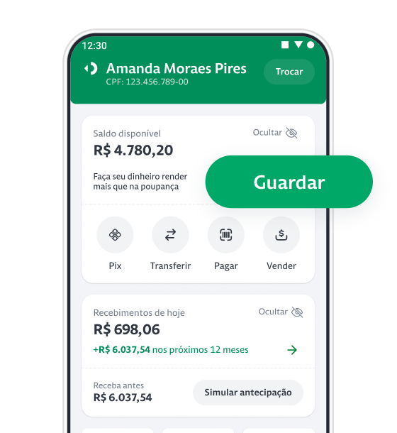 Um celular com o aplicativo da Stone aberto na aba de "Seu objetivo" e em destaque o saldo do usuário de R$4.000 reais. Em volta do celular estão alguns números com ícones de valores e rendimentos.