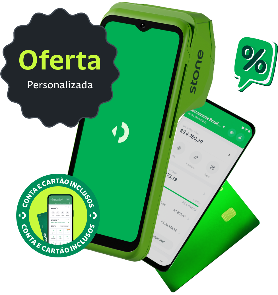 Duas maquininhas, celular e cartão compõem a imagem com os dizeres 'Conta e cartão inclusos'