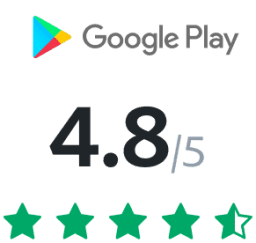 Logo Google Play com Nota de 4.8/5 e 5 estrelas, porém, preenchidas 4,5.