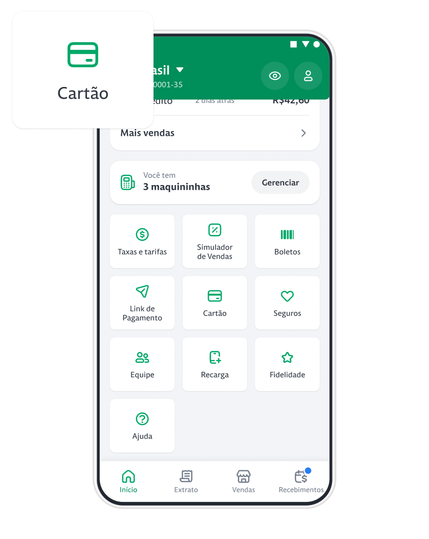 Imagem ilustrando um celular com o aplicativo da Stone na página inicial e destacando o ícone do Cartão.