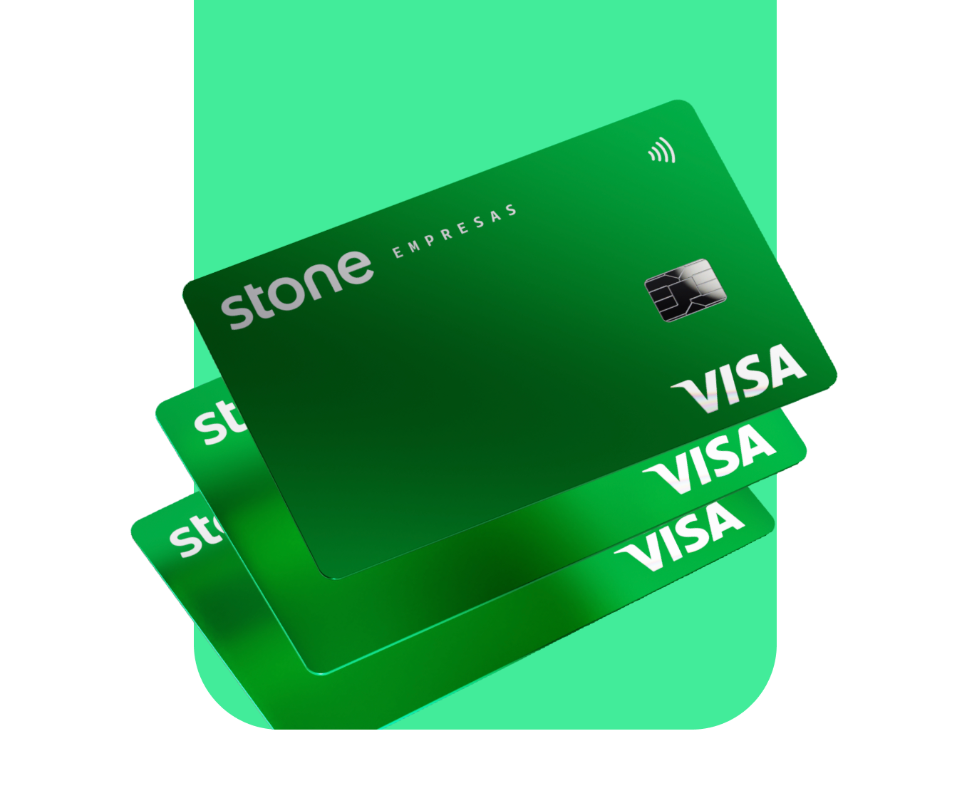 3 cartões Stone com a bandeira Visa em um fundo verde.