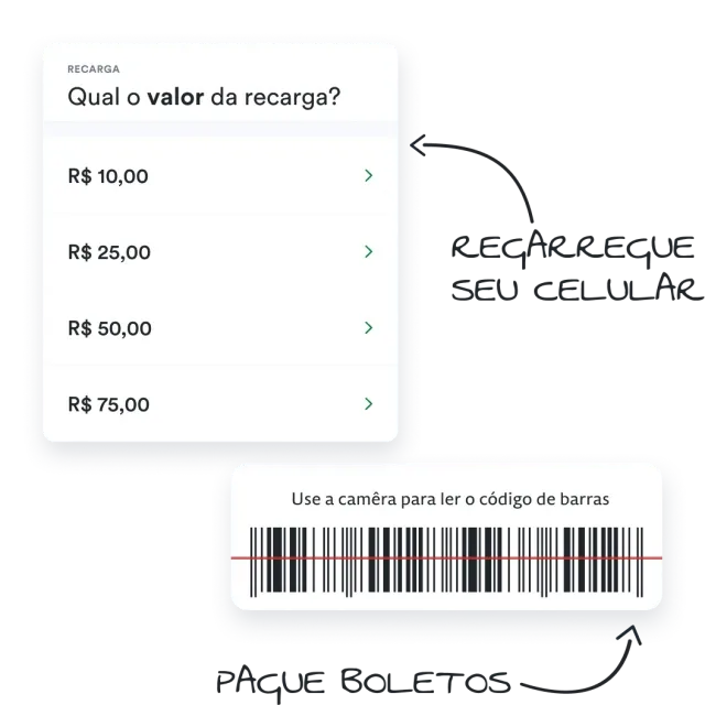 Interface digital da Stone para recarga, exibindo opções de valores (R$ 10,00, R$ 25,00, R$ 50,00, R$ 75,00). Abaixo, uma tela de scanner de código de barras com a instrução "Use a câmera para ler o código de barras".