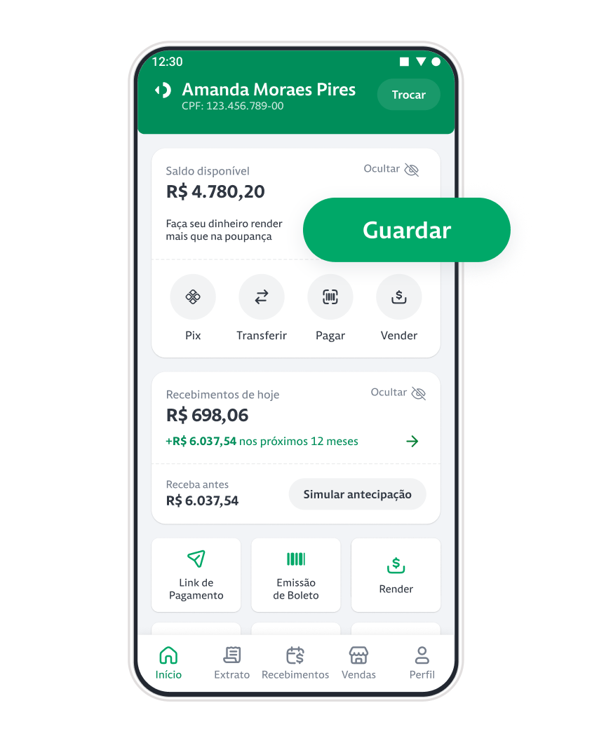 Um celular com o aplicativo da Stone aberto na aba de "Seu objetivo" e em destaque o saldo do usuário de R$4.000 reais. Em volta do celular estão alguns números com ícones de valores e rendimentos.