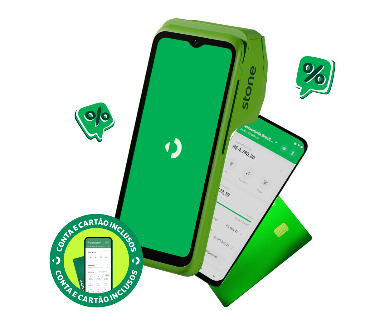 Maquininha, celular e cartão compõem a imagem com os dizeres 'Conta e cartão inclusos'
