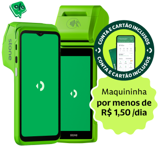 Maquininha, celular e cartão compõem a imagem com os dizeres 'Conta e cartão inclusos'