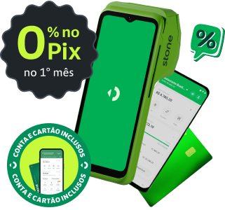 Maquininha, celular e cartão compõem a imagem com os dizeres 'Conta e cartão inclusos'