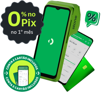 Maquininha, celular e cartão compõem a imagem com os dizeres 'Conta e cartão inclusos'
