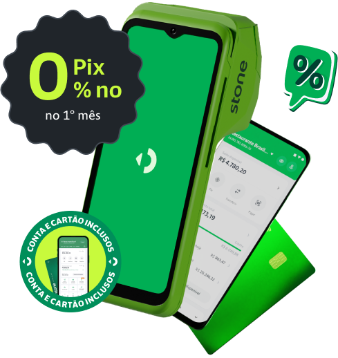 Maquininha, celular e cartão compõem a imagem com os dizeres 'Conta e cartão inclusos'