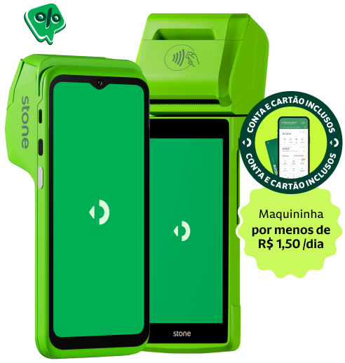 Maquininha, celular e cartão compõem a imagem com os dizeres 'Conta e cartão inclusos'