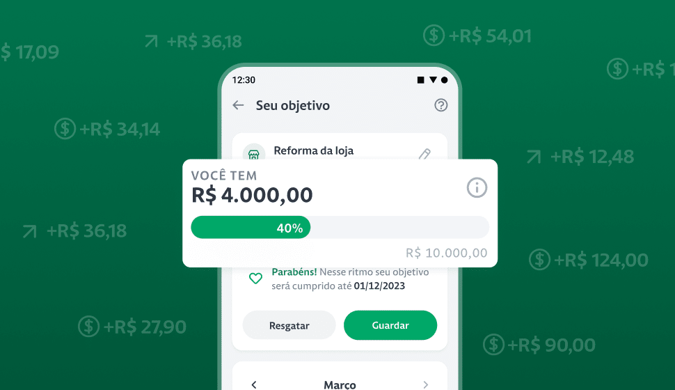 Um celular com o aplicativo da Stone aberto na aba de "Seu objetivo" e em destaque o saldo do usuário de R$4.000 reais. Em volta do celular estão alguns números com ícones de valores e rendimentos.
