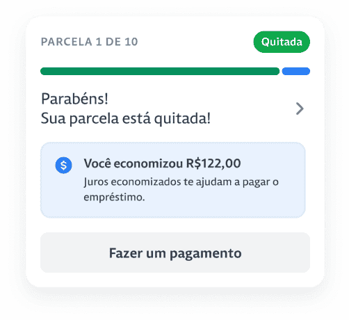 Imagem parabenizando o cliente e que a parcela dele está quitada. Além de um bloco em azul sinalizando que ele economizou R$122 reais e um outro botão para fazer o pagamento. 