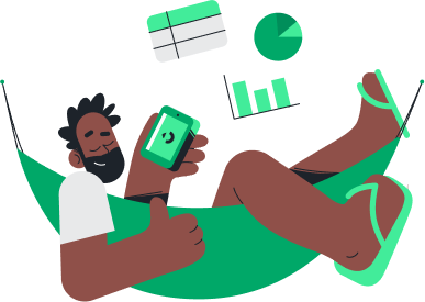 Ilustração de um empreendedor deitado na rede e fazendo um joia com a mão e a outra mão está segurando o celular com o aplicativo da Stone aberto. Em cima dele, há planilha e gráficos de barra e pizza. 