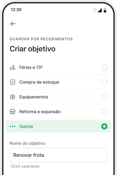 Celular com aplicativo da Stone aberto na aba de "Guardar por recebimentos" e abaixo informações para criar o objetivo.