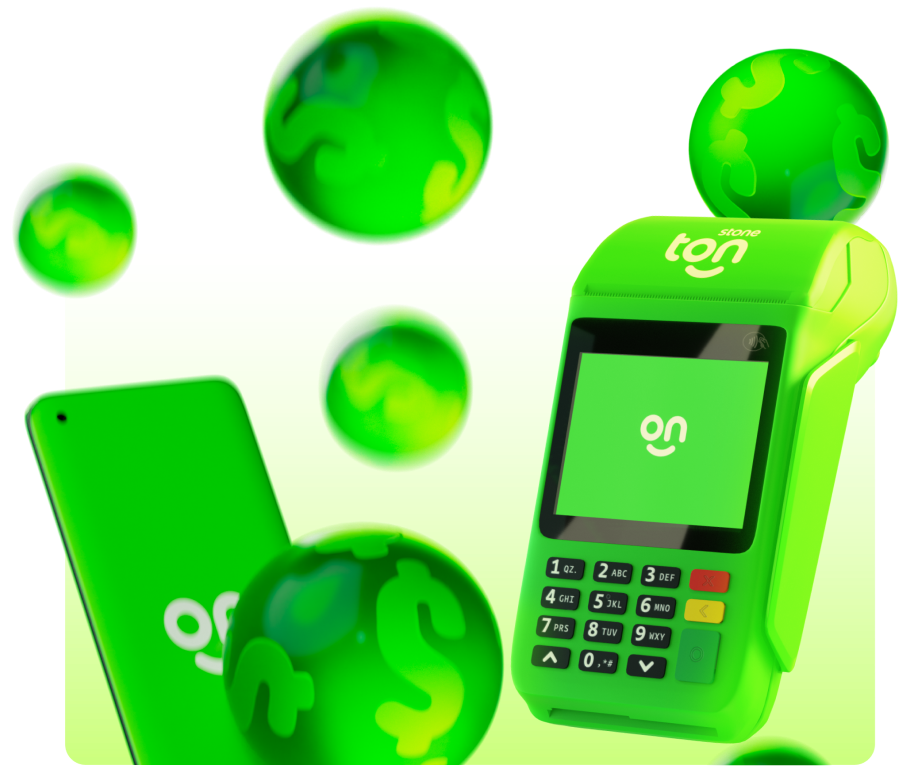 Fundo verde, um celular com logotipo do Ton, na esquerda. Maquininha do Ton na direita. Além disso, bolas verdes com cifrão caindo