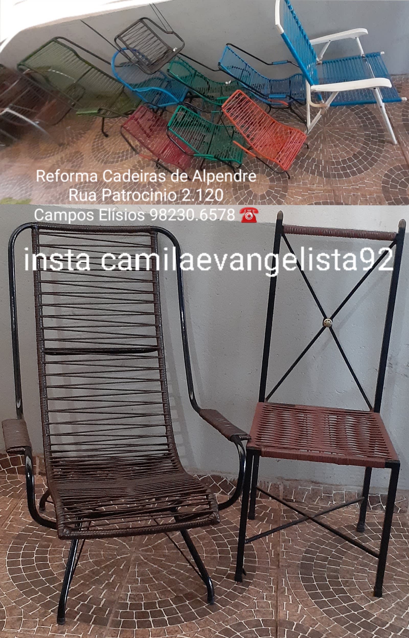 Detalhe de cadeira de alpendre em madeira com assento colorido reformado, Ribeirão Preto - SP