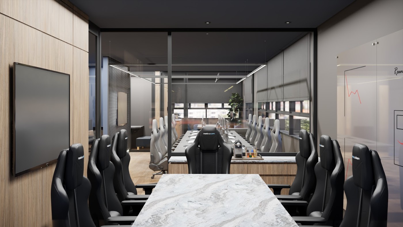 Sala de reunião corporativa — projeto de interiores Mariela Cachulo