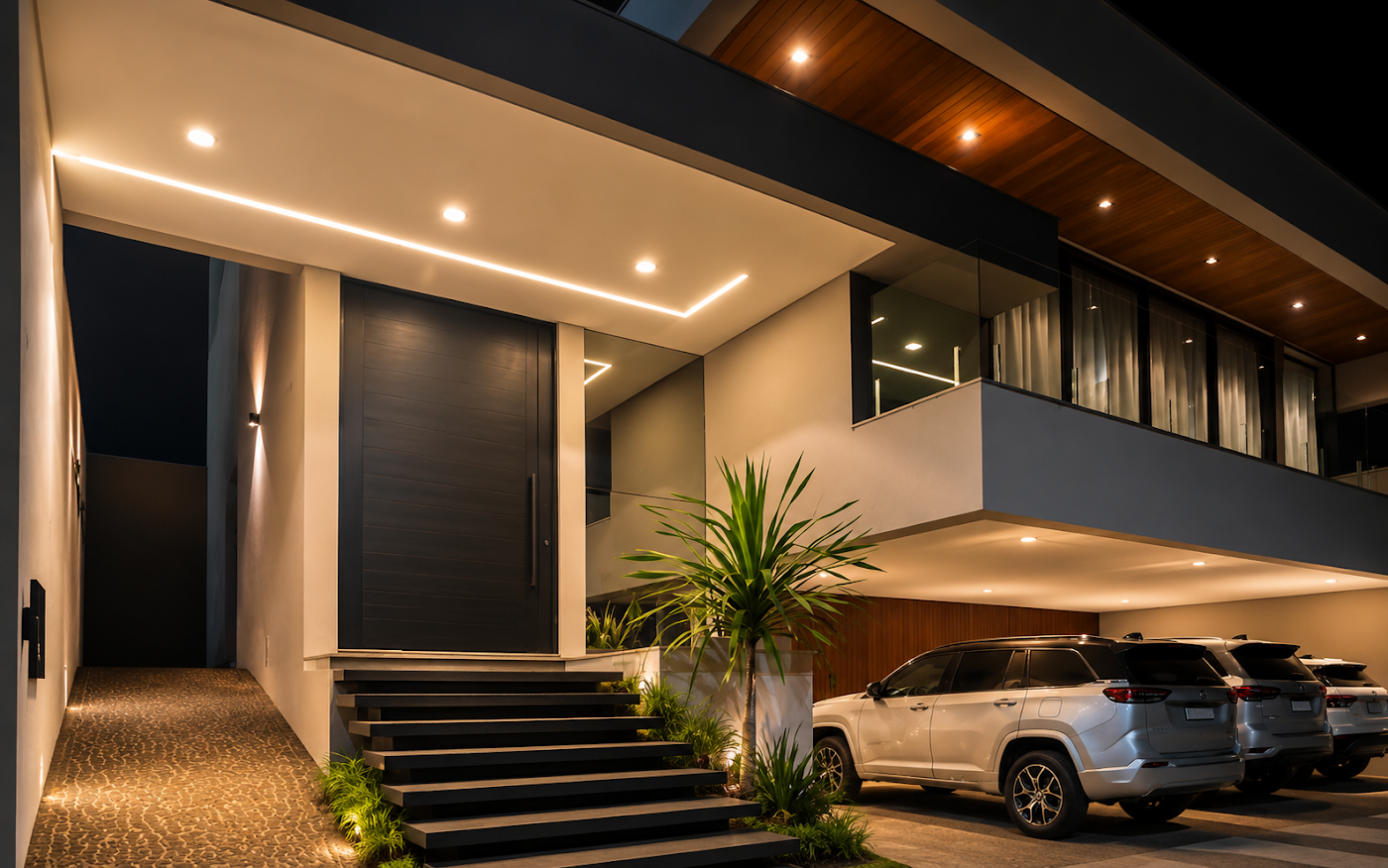 Fachada noturna de residência — projeto Mariela Cachulo Arquitetura, Jaú SP