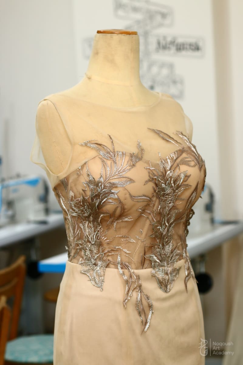 Silver Metallic Embroidery on Sheer Corset - Couture Technique Cairo
