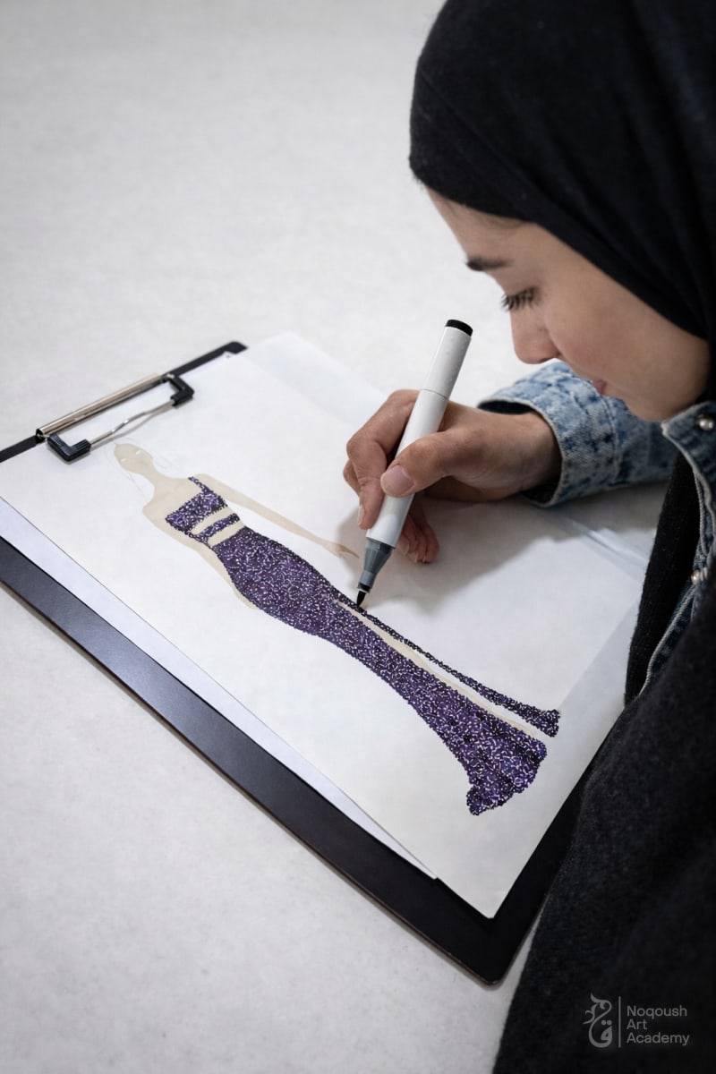 Fashion illustration shading technique - Noqoush Academy marker skills training