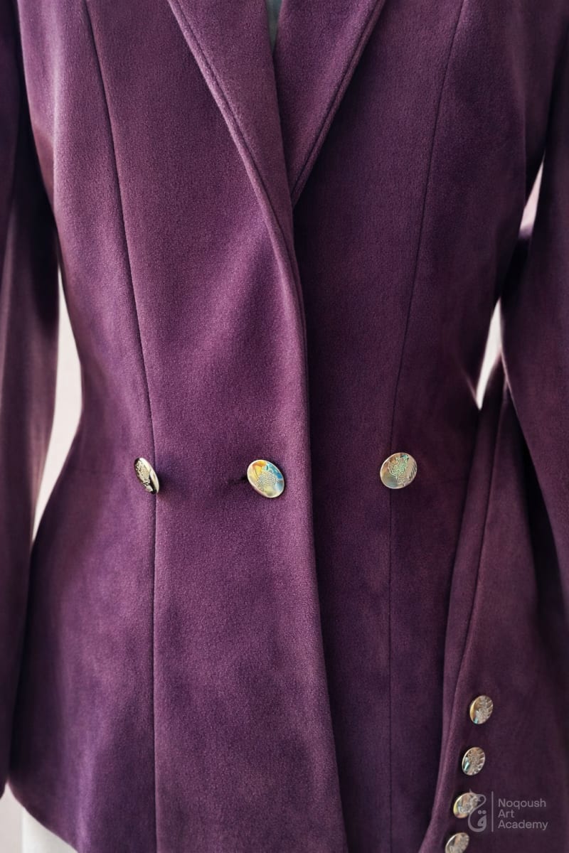 Purple suede jacket details - Noqoush Academy finishing skills
