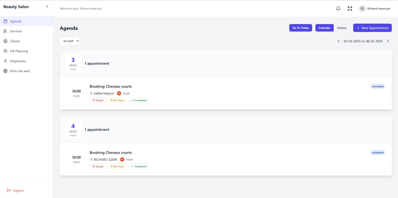 Interface de gestion BeautyBook