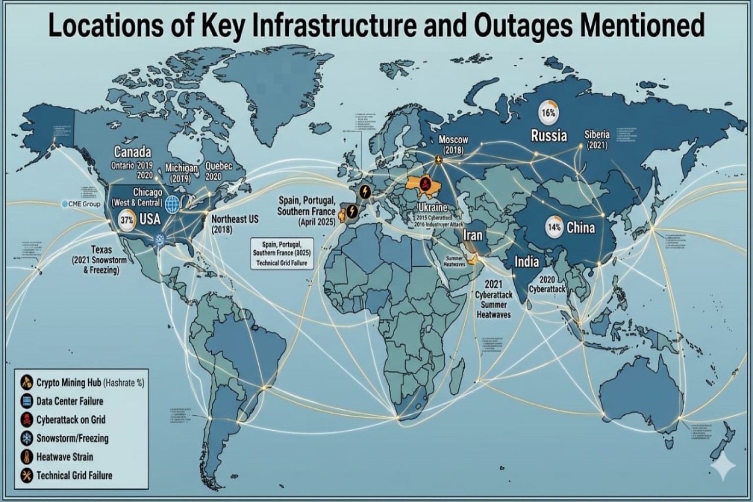 Locations of key Infrastructure and Outage Mentioned of asicmining360.com