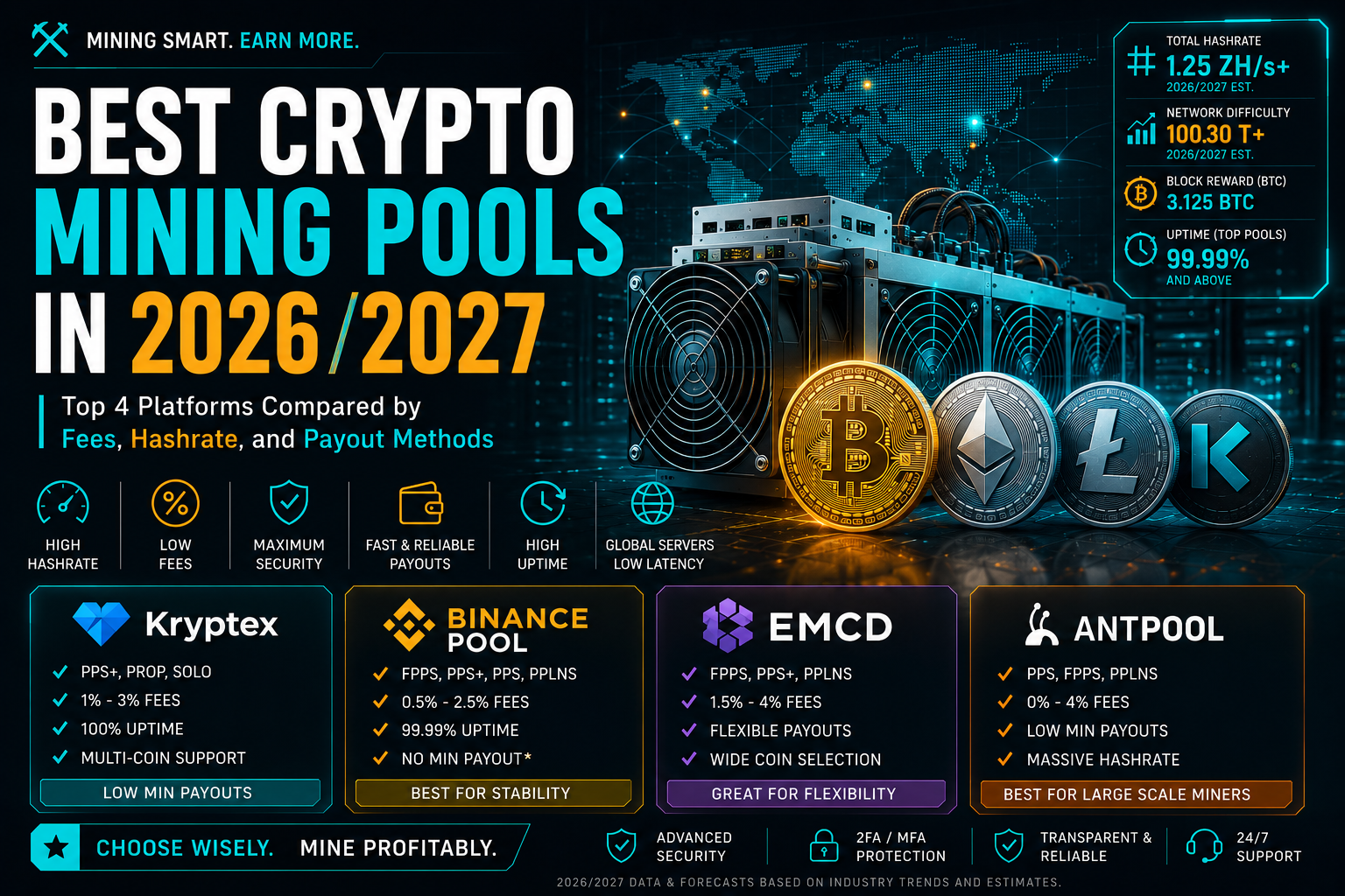 Best Crypto Mining Pools in 2026: Top 4 Platforms Compared by Fees, Hashrate, and Payout Methods