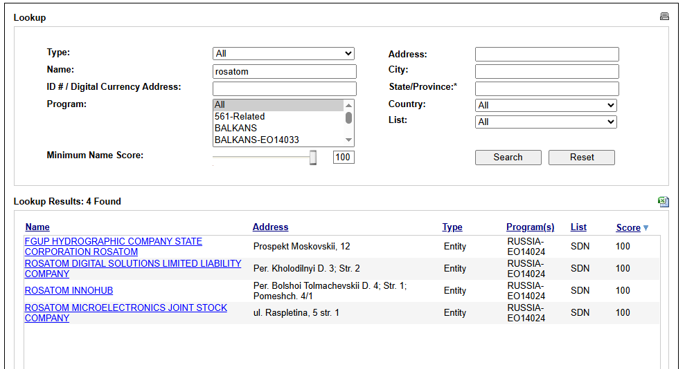 OFAC search results showing sanctions on Rosatom subsidiaries
