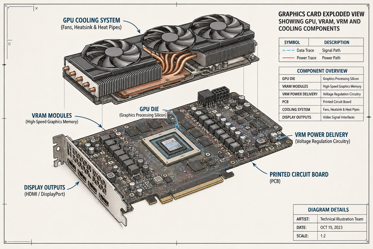 Graphics Card Exploded View Showing GPU, VRAM, VRM and Cooling Components.png