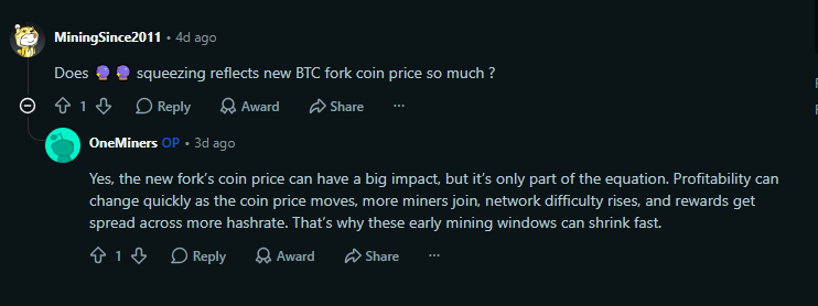 Reddit discussion on BTC fork profitability and network difficulty