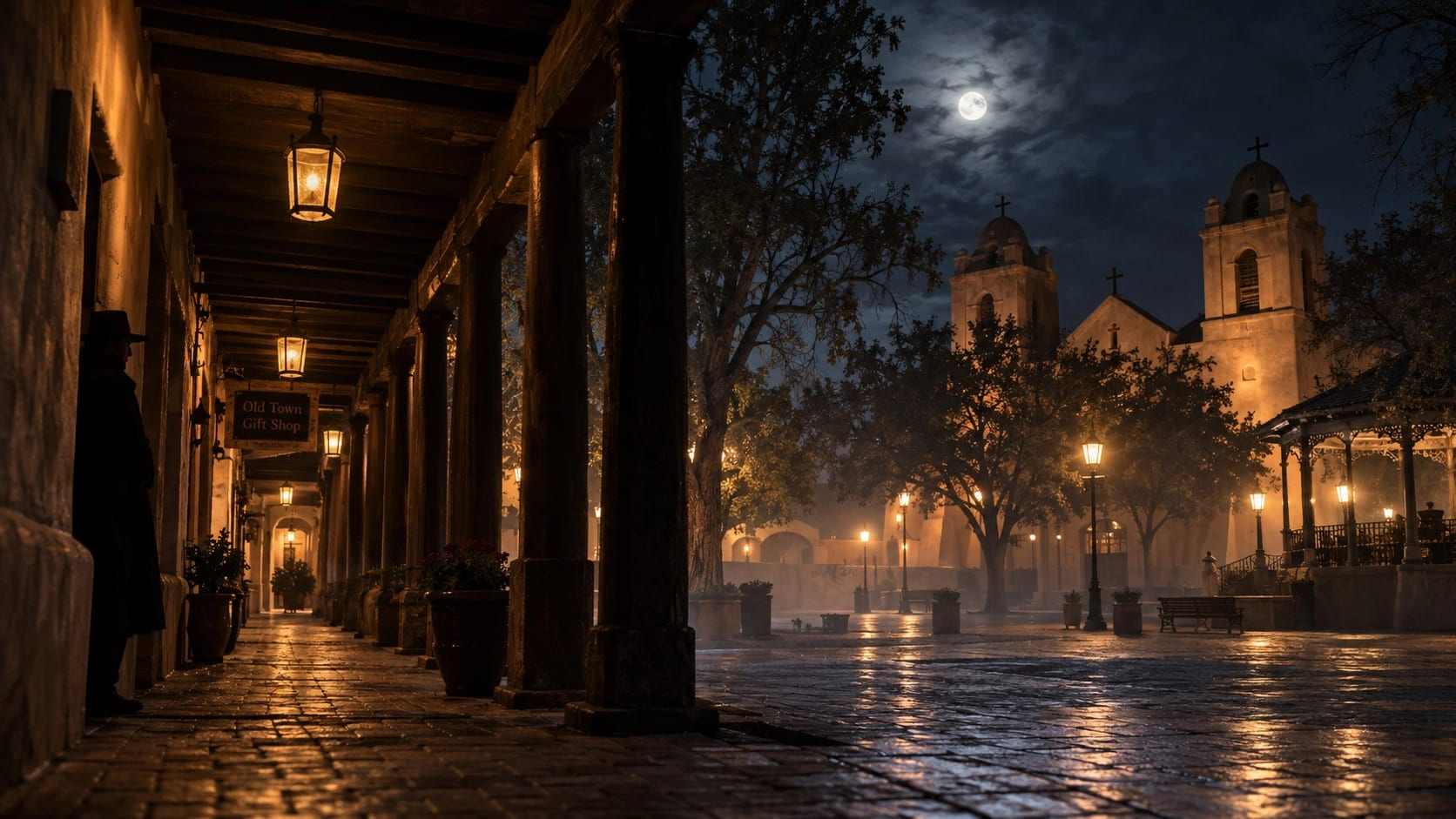 Tour El Vigía de la Plaza - una figura sombría con sombrero bajo un portal iluminado por faroles frente a una plaza con niebla, un quiosco y una iglesia de dos torres bajo la luna
