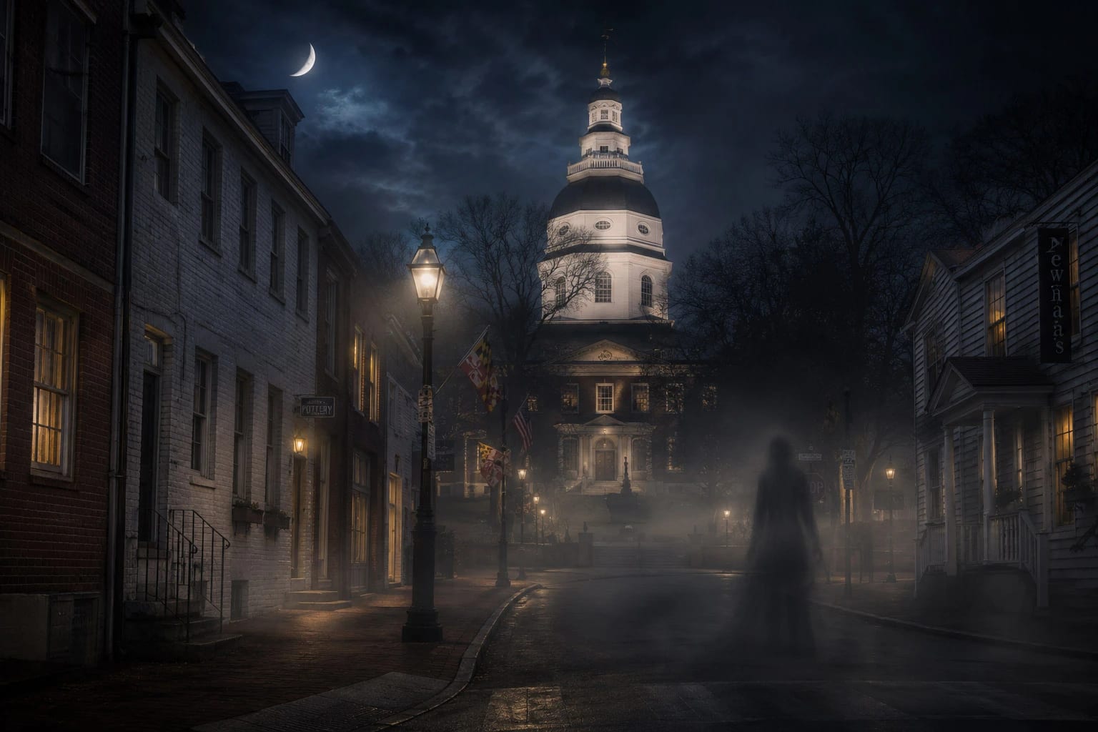 Haunted Annapolis, Maryland at dusk - colonial capital and Chesapeake Bay waterfront