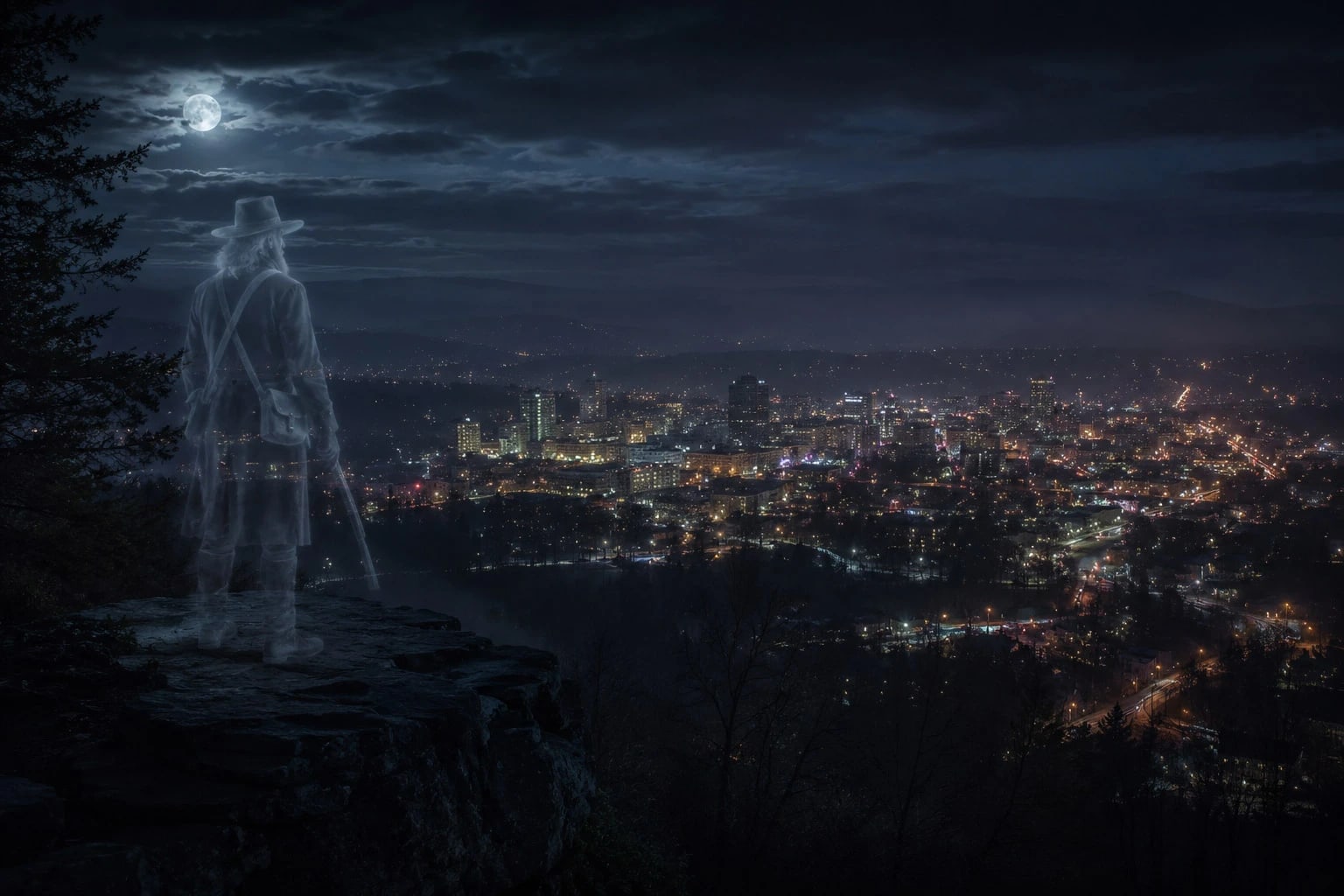 Haunted Asheville, North Carolina at dusk - historic downtown beneath the Blue Ridge Mountains