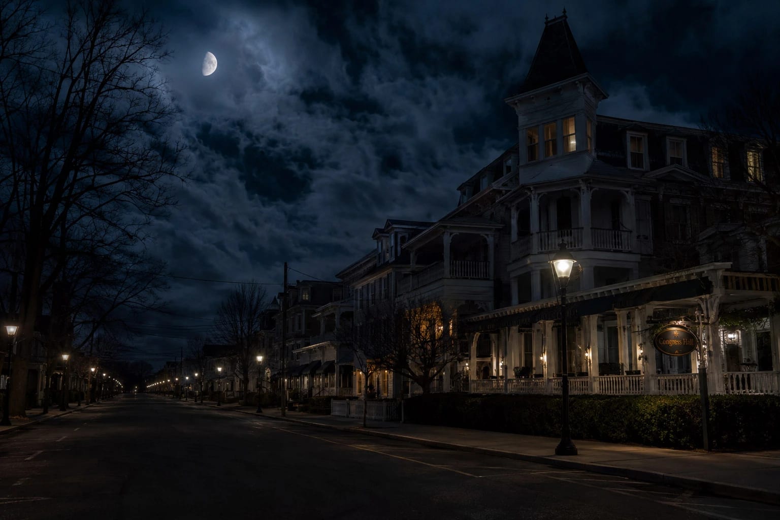 Victorian Cape May, New Jersey at dusk - haunted seaside resort and gaslit streets