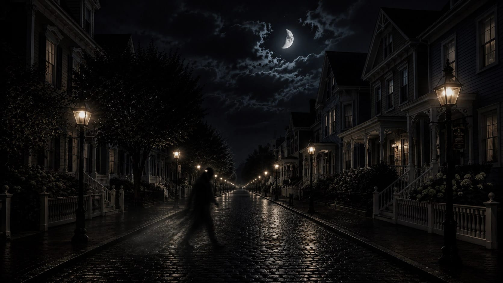 The Last Ship Home ghost tour - gaslit Victorian streets near the Cape May shore at dusk