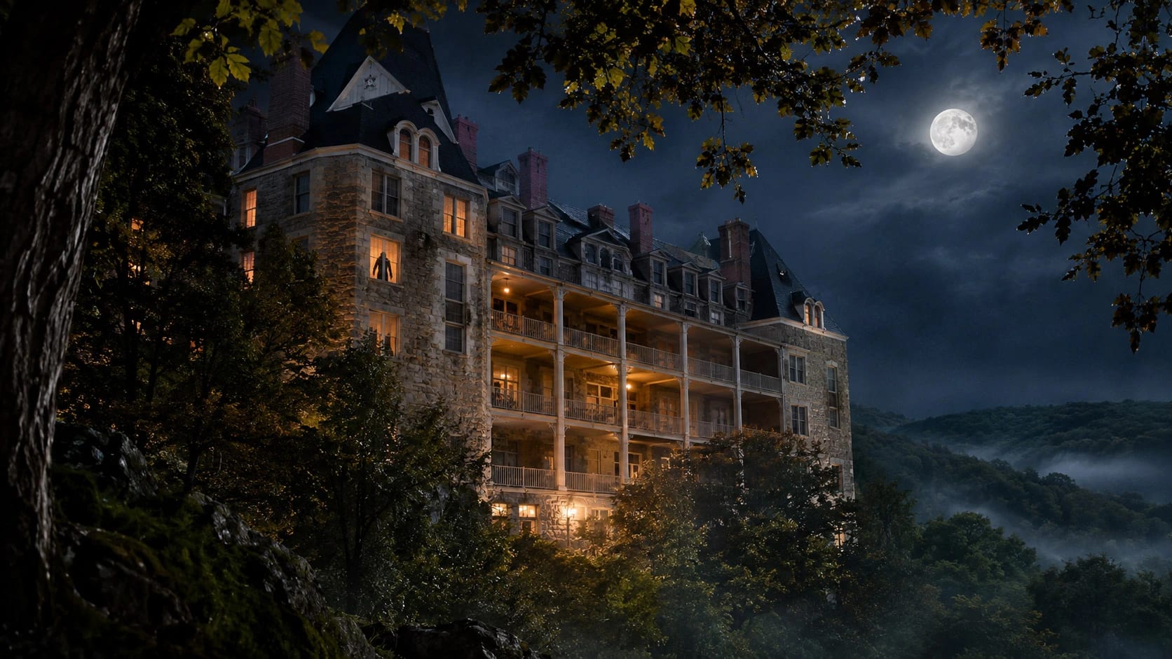 The Hollow Beneath Tour - a grand Victorian stone hotel on a wooded Ozark hillside under a full moon, with a shadowy figure in a lit window