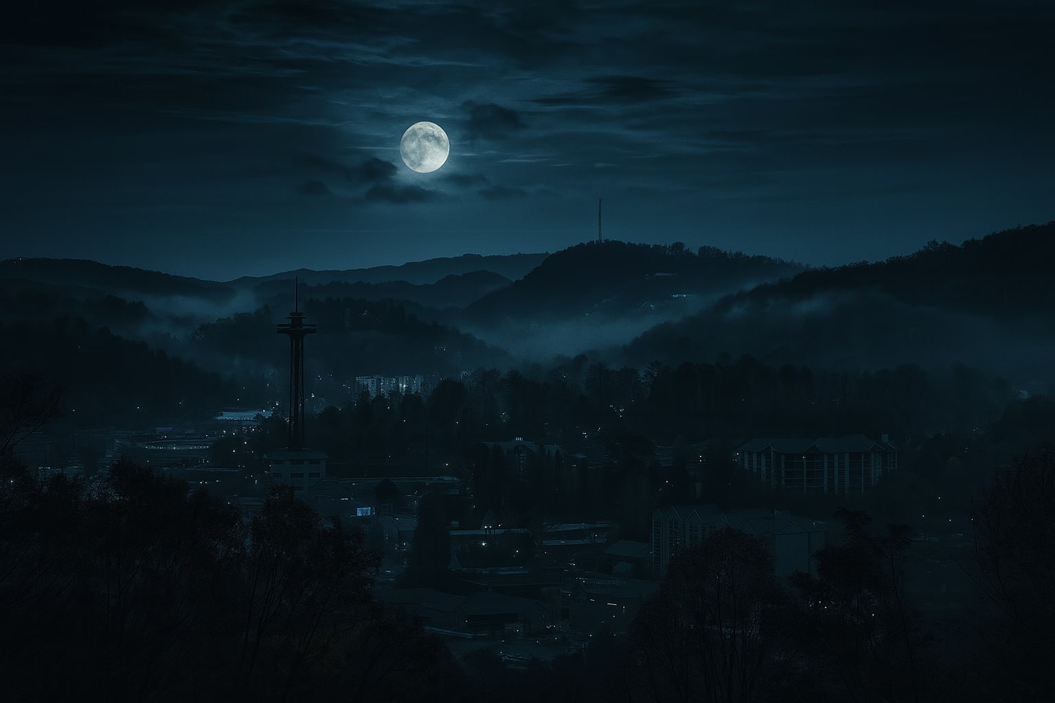 Gatlinburg cityscape at twilight - backdrop for Ghost City Tours