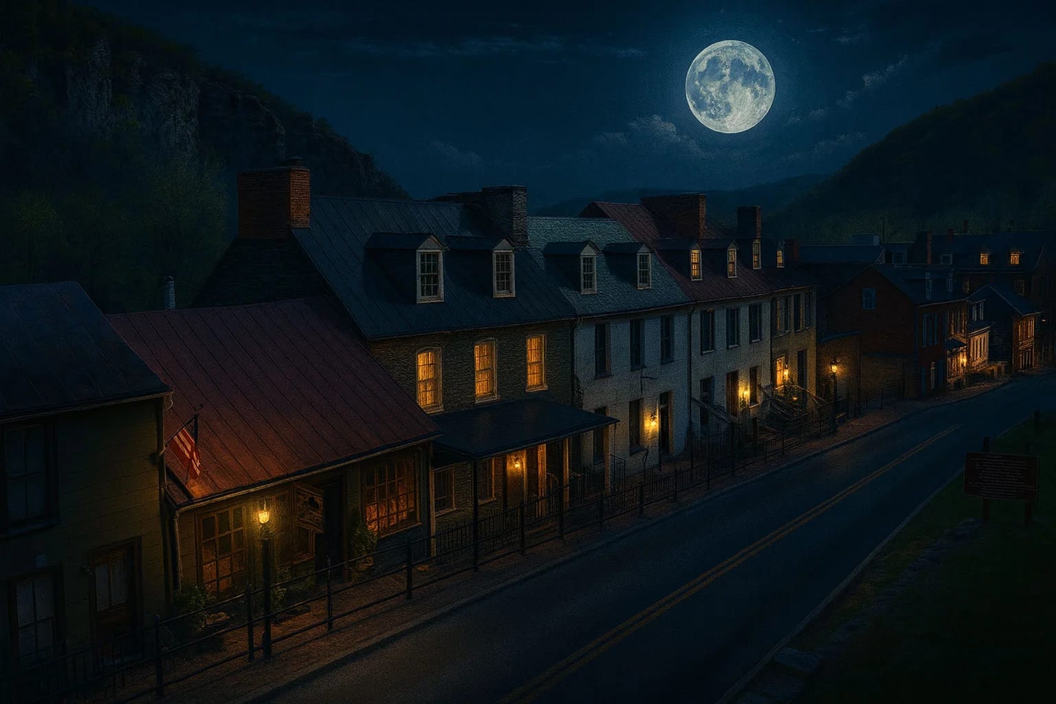 Historic Harpers Ferry at the confluence of the Potomac and Shenandoah Rivers at dusk