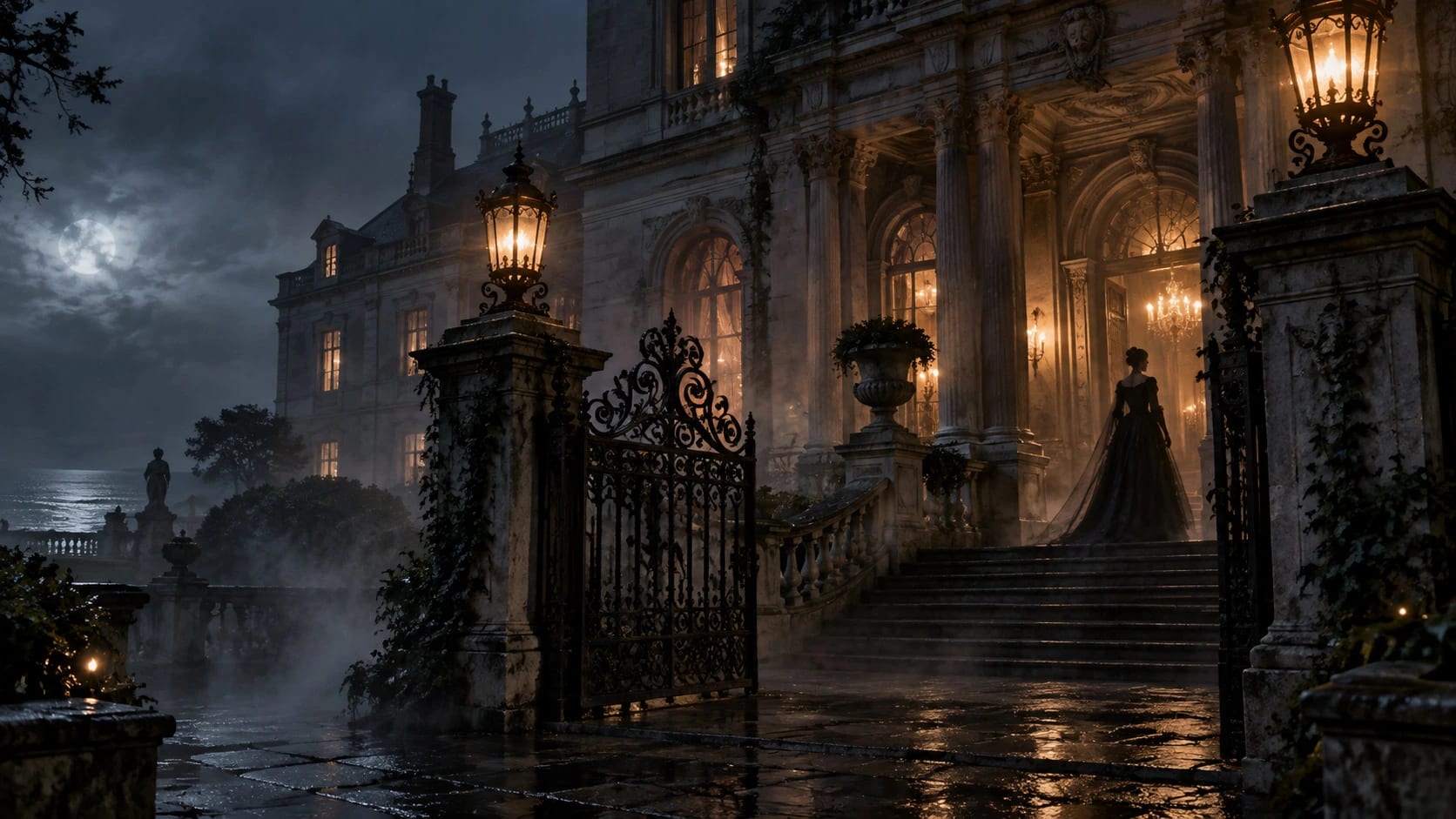 The Last Invitation Ghost Tour - a ghostly woman in a Victorian gown at the gates of a Gilded Age mansion on a foggy night by the sea
