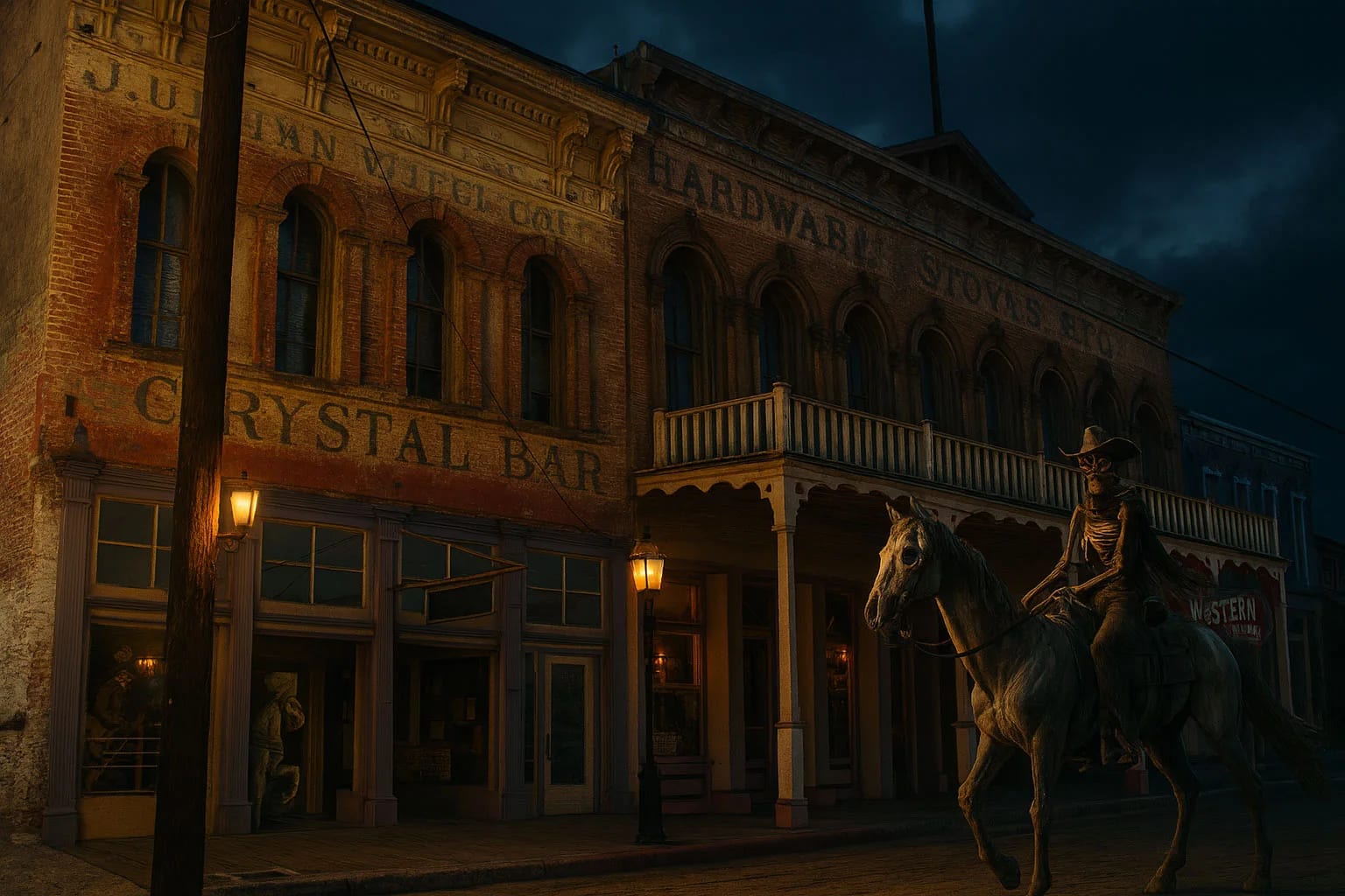 Victorian-era buildings along C Street in historic Virginia City Nevada at dusk