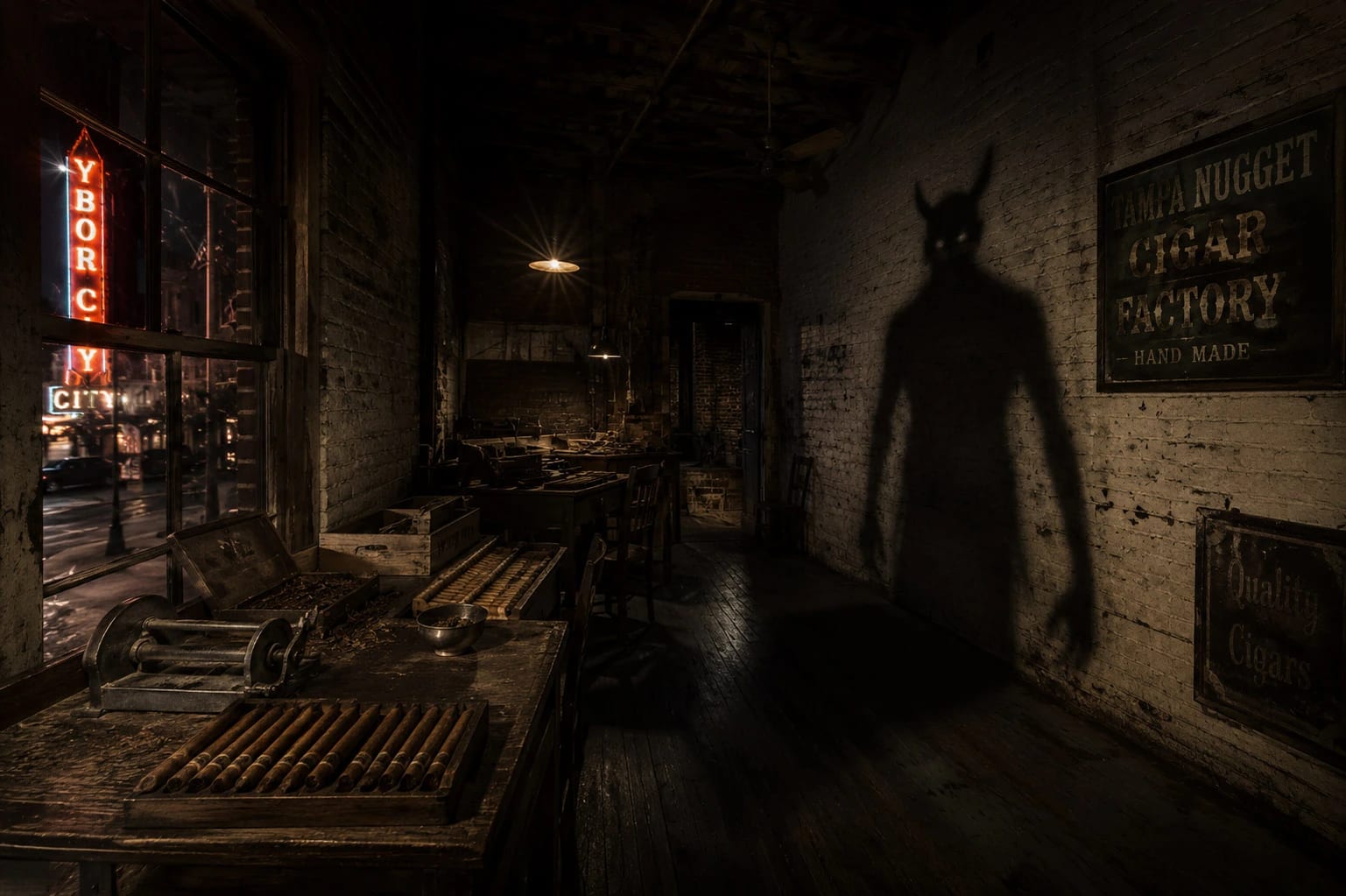 The Darkness Between Us Ghost Tour - shadowed brick streets and old buildings in Ybor City, Tampa at night