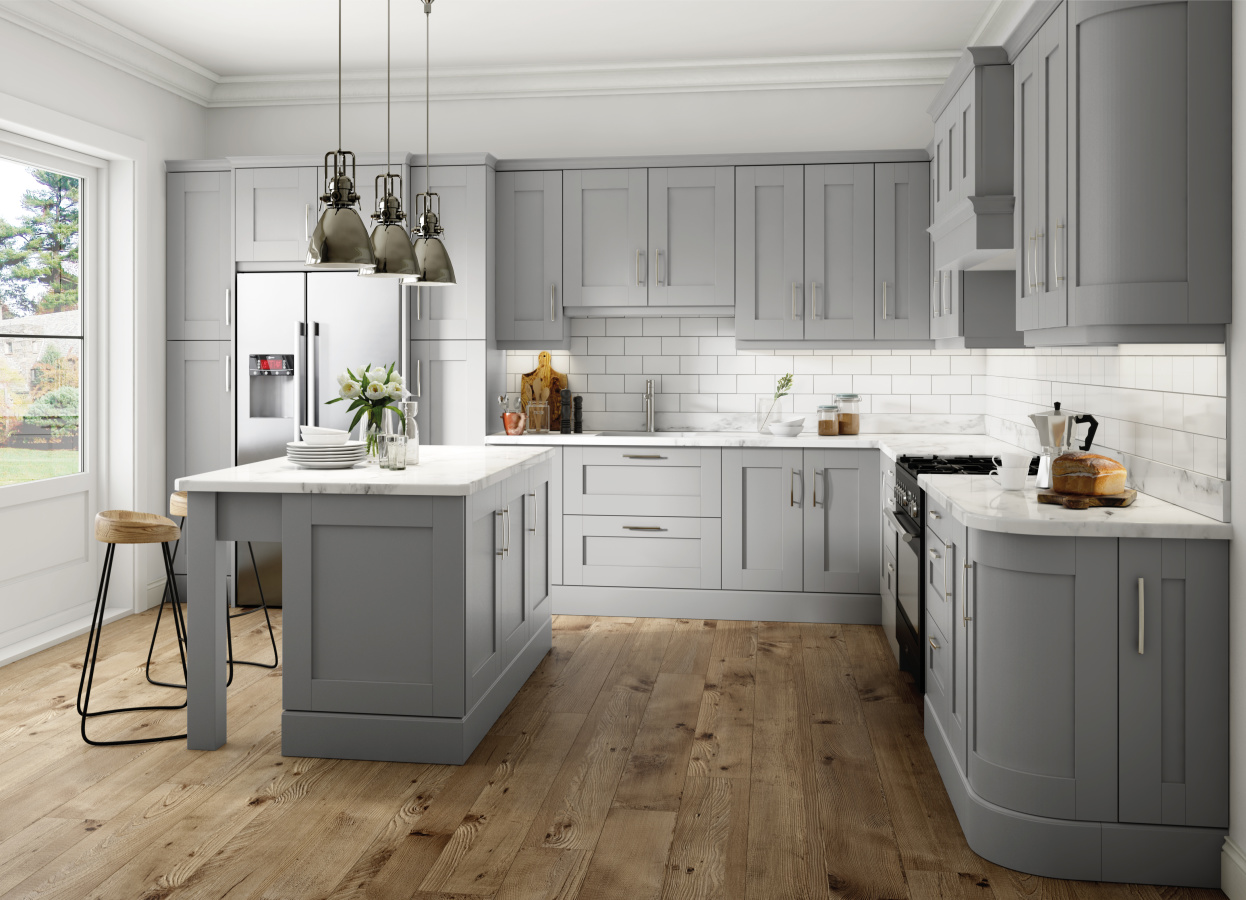 light grey shaker kitchen with white quartz worktop