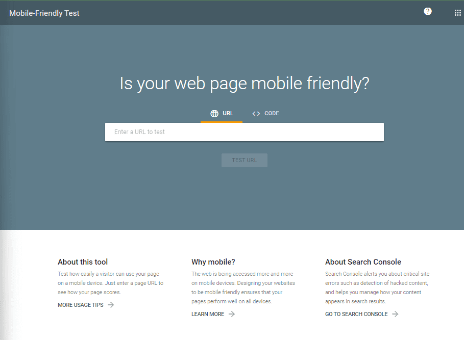 The Google Console mobile friendliness test