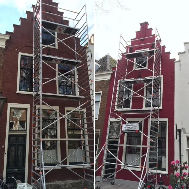 Voor en na foto van de gehele gevel aan de Garenmarkt na schilderwerk