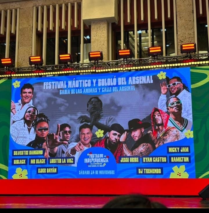 Pantalla oficial con la nómina del sábado 14: Silvestre Dangond, Nicky Jam, Ryan Castro, Jessi Uribe, Elder Dayán, Luister La Voz, Mr. Black, GiBlack, Hamilton y Jader Tremendo