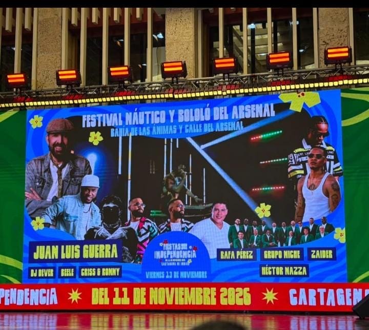 Pantalla oficial con la nómina del viernes 13: Juan Luis Guerra, Grupo Niche, Beéle, Rafa Pérez, Zaider, Criss y Ronny, Héctor Nazza y DJ Dever